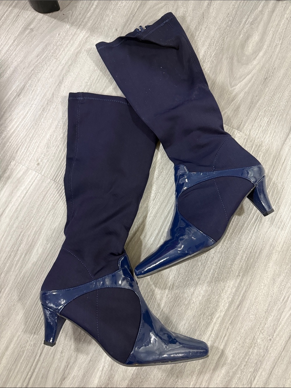 Women's Navy Stretch-Kit Mid-Calf Heeled Boots